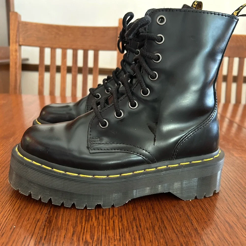 Dr. Martens Jadon platform Black Combat Boots with Yellow Stitching - Picture 3 of 8